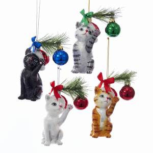 5” NOBLE GEMS GLASS CHRISTMAS CAT ORNAMENT