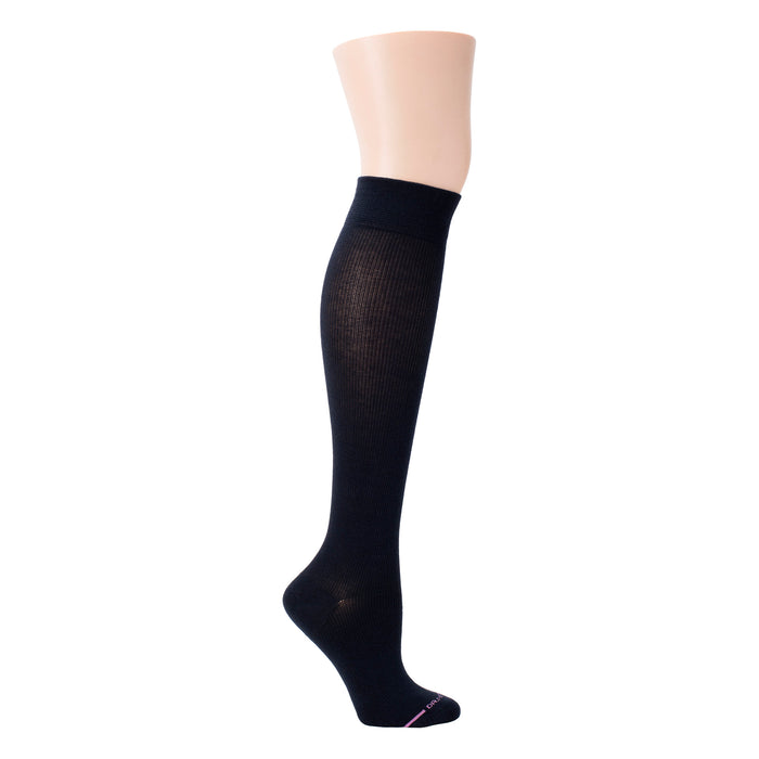 Knee-high compression sock in solid black, designed for wide calves, displayed on a mannequin leg.