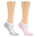 Ankle compression socks in gray and pink, featuring a cat design on the gray pair.
