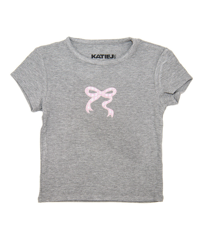 Katie J NYC Girls Gingham Bow Tee Girls Casual Tops Katie J NYC Heather Grey Y/S (7/8)