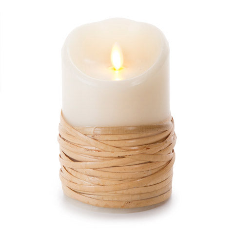 LUMINARA UNSCENTED REED-WRAPPED FLAMELESS PILLAR CANDLE 3.5X5”