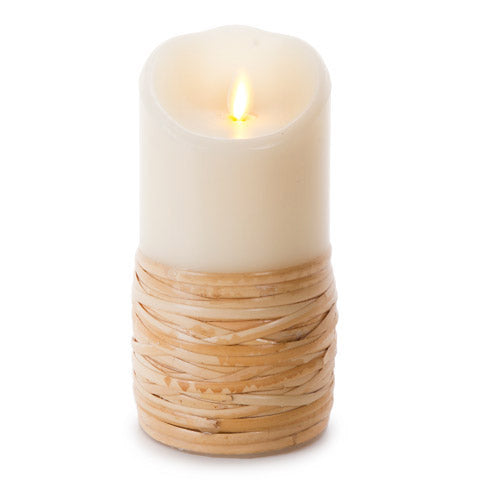 LUMINARA UNSCENTED REED-WRAPPED FLAMELESS PILLAR CANDLE 3.5X7”